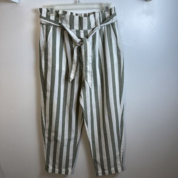 CI Sono Womens M Paperbag High Waist Wide Leg Striped Crop Pants Olive Ivory - Picture 1 of 11